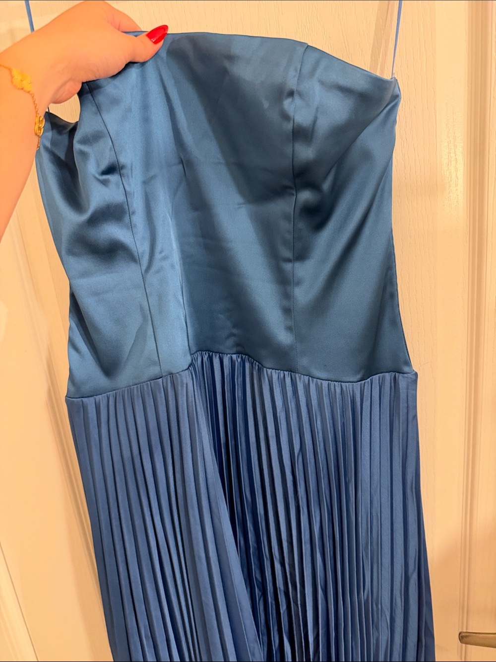 Abercrombie & Fitch Strapless Satin-Top Pleated A-Line Dress in Blue